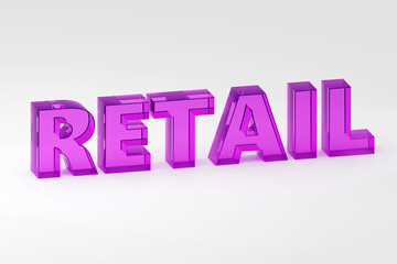 Fototapeta premium Luxury purple glass inscription retail on grey podium, soft light, smooth background, 3d rendering