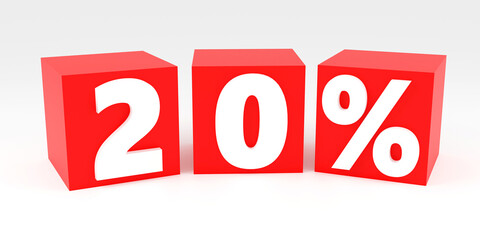 Inscription made by red 20 percent on grey podium, soft light, smooth background, 3d rendering