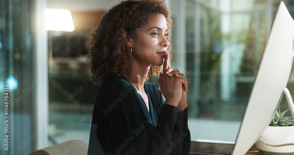 Poster computer, thinking and business woman in office for vision, creative insight or content writing. pla