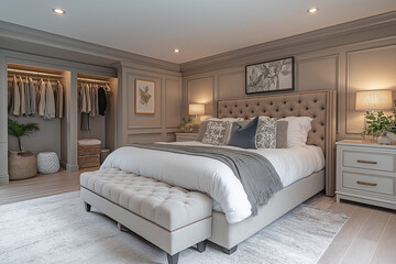 Fototapeta premium Chambre Parentale Luxueuse avec Lit King-Size, Tables de Chevet Élégantes, Dressing Intégré et Éclairage Doux, Ambiance Haut de Gamme et Relaxante