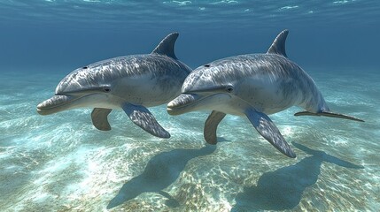 Fototapeta premium Two dolphins swimming in clear ocean water.