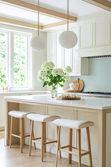 Scandinavian-style kitchen with white cabinetry and a soft blue backsplash, complemented by light oak flooring.