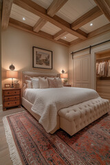 Chambre Parentale Luxueuse avec Lit King-Size, Tables de Chevet Élégantes, Dressing Intégré et Éclairage Doux, Ambiance Haut de Gamme et Relaxante