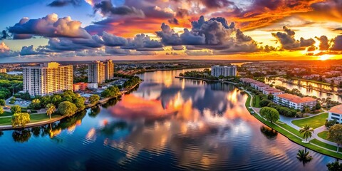 Boca Raton Sunset Panorama: Aerial Lake & City Skyline Reflections