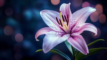 magical purple lily flower blooms, symbolizing mystery, transformation, and spiritual growth. Its rich color and delicate petals evoke a sense of tranquility amidst chaos and change
