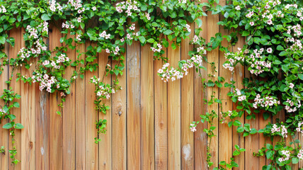 A classic wooden fence adorned with climbing ivy and small blooming flowers, creating a rustic and charming atmosphere.