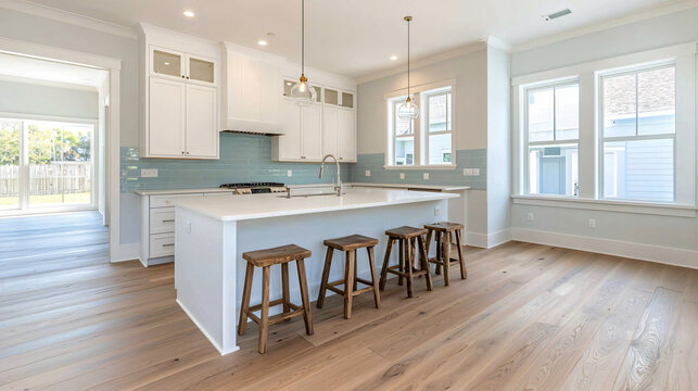 Scandinavian-style kitchen with white cabinetry and a soft blue backsplash, complemented by light oak flooring.