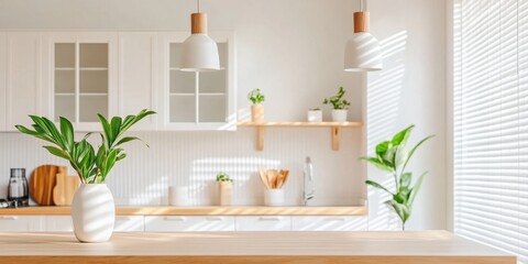 Modern kitchen interior design featuring indoor plants bright natural light minimalist aesthetic contemporary style