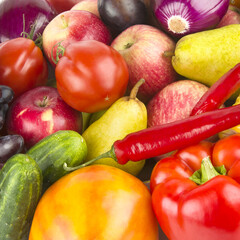 Ripe and juicy vegetables and fruits background.