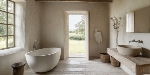 Elegant bathroom design in a serene country home with natural light and minimalist aesthetic