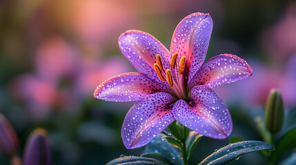 magical purple lily flower blooms, symbolizing mystery, transformation, and spiritual growth. Its rich color and delicate petals evoke a sense of tranquility amidst chaos and change