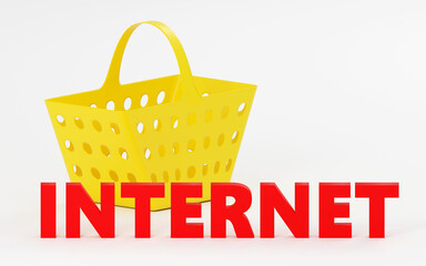 3d red sign Internet with yellow shopping basket on grey background. Sales promotional concept