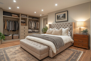 Fototapeta premium Chambre Parentale Luxueuse avec Lit King-Size, Tables de Chevet Élégantes, Dressing Intégré et Éclairage Doux, Ambiance Haut de Gamme et Relaxante