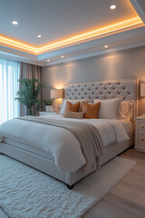 Chambre Parentale Luxueuse avec Lit King-Size, Tables de Chevet Élégantes, Dressing Intégré et Éclairage Doux, Ambiance Haut de Gamme et Relaxante