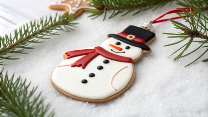 Snowman Ornament on Snowy Surface with Pine Needles Display