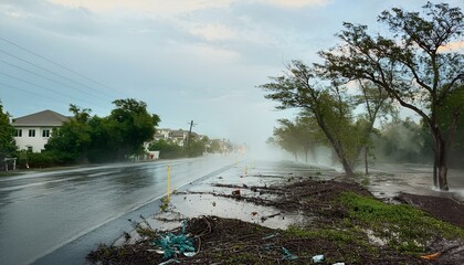 A scene of a hurricane with huge winds and rain, uprooting trees and blowing roofs off houses.