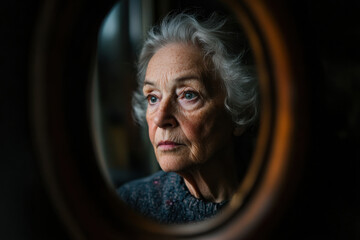 Senior woman reflecting in oval mirror with hopeful expression