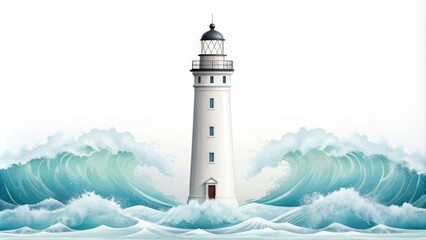 Elegant White Lighthouse Surrounded by Powerful Ocean Waves