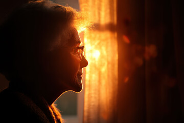 Senior woman observing golden hour sunlight through curtain