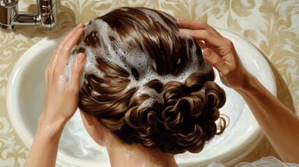Naklejka premium wash hair A person washing their hair with bubbles in a vintage-styled bathroom setting, showcasing a close-up view of the hairstyle and hands.