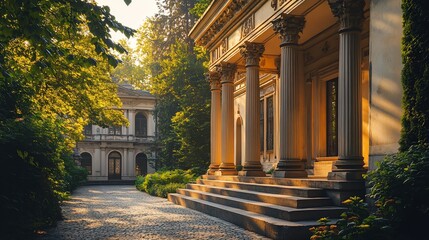 Obraz premium Elegant architecture surrounded by lush greenery in a tranquil setting.