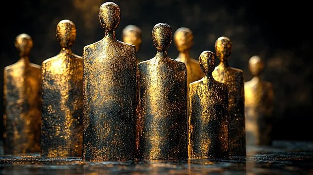Golden figures stand in a dark space, representing unity and diversity.
