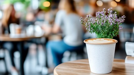 Latte Art in a White Cup on a Wooden Table in a Cafe