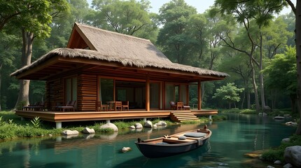 Fototapeta premium A serene and idyllic lakeside cabin beckons visitors with its rustic charm and breathtaking natural surroundings. Nestled amidst a lush, verdant forest