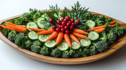 Festive vegetable platter with carrots, cucumbers, broccoli, and cranberries arranged artfully on a wooden boat-shaped serving dish.