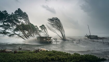 A scene of a hurricane with huge winds and rain, uprooting trees and blowing roofs off houses.
