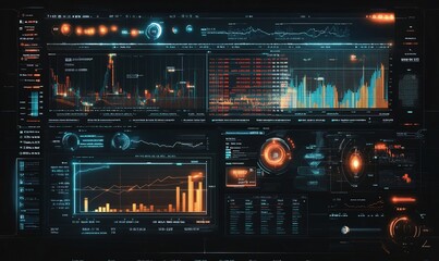 Obraz premium Futuristic data dashboard displaying analytics and visualizations.
