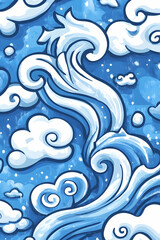 Fototapeta premium Stylized ocean wave design, blue clouds background, phone wallpaper, textile print. Generative AI