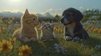 Obraz premium Two kittens and a puppy in a flower field.