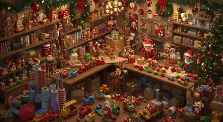 A Christmas elf workshop filled with toys, wrapping paper, and glittering decorations.