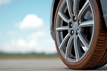 Close-Up View of a Modern Car Wheel with Detailed Alloy Design against a Soft Blurred Background of Sky and Landscape, Highlighting Automotive Engineering and Craftsmanship