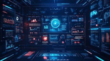 Futuristic digital interface displaying data analytics and visualizations.