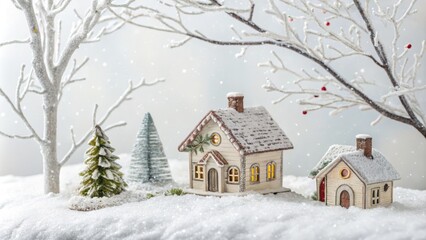 Miniature Snowy Village Scene with Tiny Houses and Winter Trees