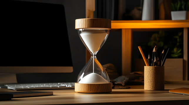 A serene workspace featuring an hourglass, symbolizing time management and productivity.
