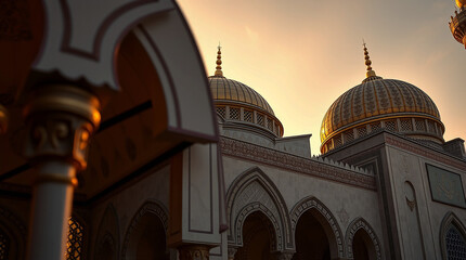 Stunning Mosque at Sunset with Fountains and Gardens