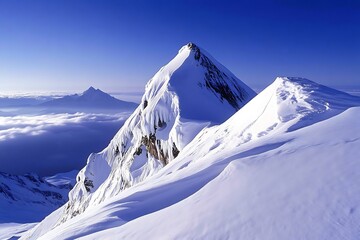 Majestic snow capped mountain peaks under a vibrant blue sky