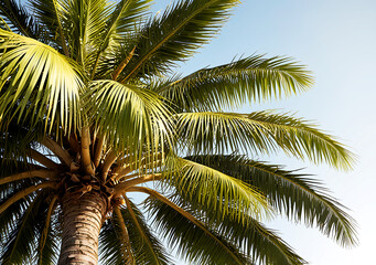 Coconut palm tree on the blue sky background, close up.