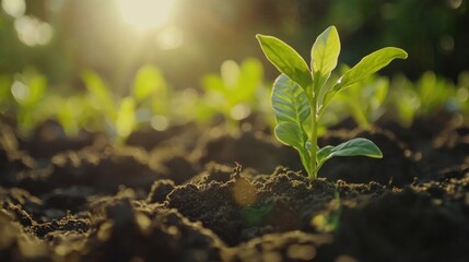 The seedling are growing from the rich soil to the morning sunlight that is shining, ecology concept.
