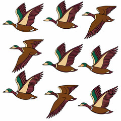 A vector artwork of a migrating flock of ducks in flight, ideal for digital and graphic design projects.
