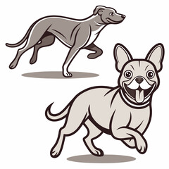  Greyhound racing with French Bulldog vector illustration, dynamic dog race art, perfect for posters, prints, and designs.