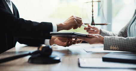 Hands, people and meeting with tablet, legal office and contract review for company compliance....
