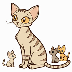 A Devon Rex cat sitting with kittens of various colors, showcasing their unique and adorable features. Perfect for pet lovers and stock photo enthusiasts.