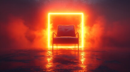 A chair is lit up in neon colors and is surrounded by smoke