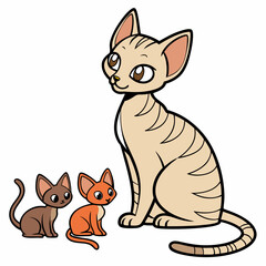  A Devon Rex cat sitting with kittens of various colors, showcasing their unique and adorable features. Perfect for pet lovers and stock photo enthusiasts.