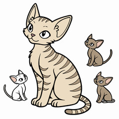  A Devon Rex cat sitting with kittens of various colors, showcasing their unique and adorable features. Perfect for pet lovers and stock photo enthusiasts.