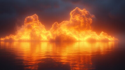 A fiery cloud of smoke rises from the ocean, creating a dramatic